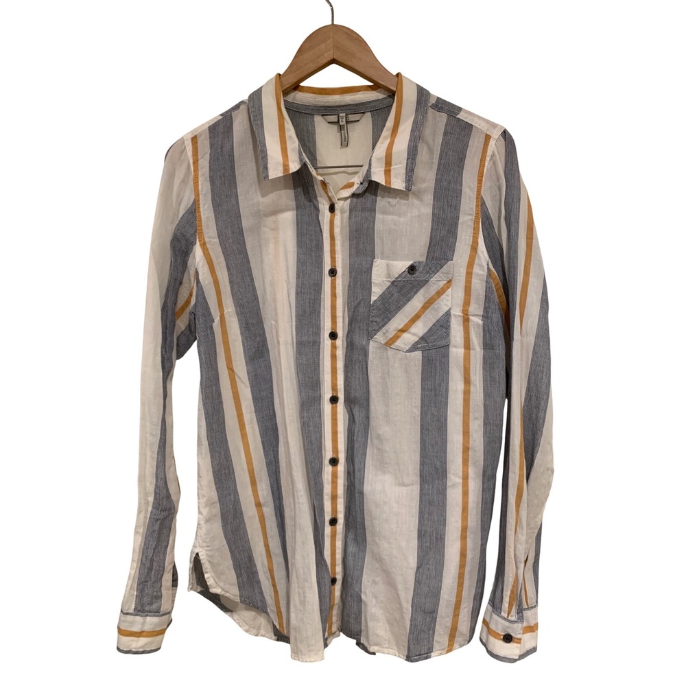 BKE Womens Button up Shirt L Blue Yellow Striped Eased Boho Long Sleeve nautical